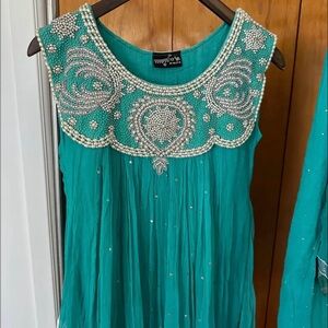 Pakistani/Indian Teal Dress, Churidar Pant & Dupatta